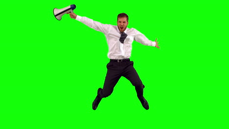 Businessman-holding-megaphone-jumping-up-and-shouting