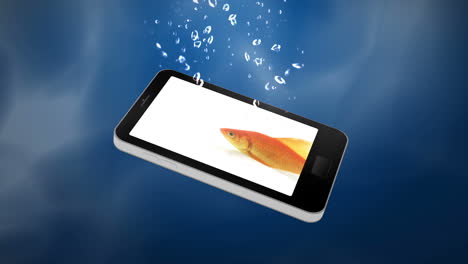 Mobile-phone-with-goldfish-on-it-falling-in-water-