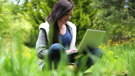 Frau-Sitzt-Auf-Gras-Und-Benutzt-Ihren-Laptop