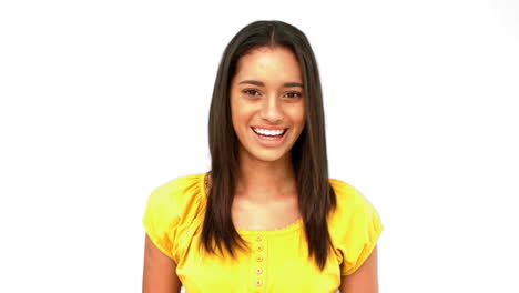 Confused-woman-being-surprised-then-laughing-on-white-background