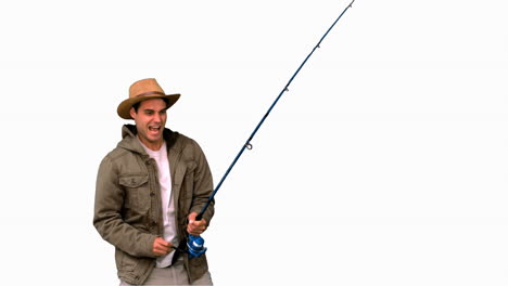 Man-making-effort-while-fishing-on-white-screen