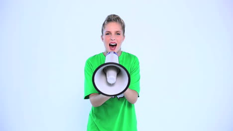 Attractive-environmental-activist-screaming-in-a-megaphone