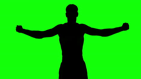 Silhouette-Eines-Mannes,-Der-Die-Arme-Auf-Einem-Greenscreen-Ausstreckt