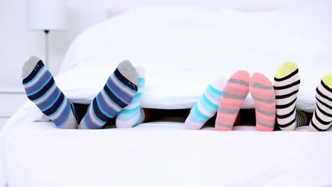 Familys-feet-in-stripey-socks-kicking-under-the-covers