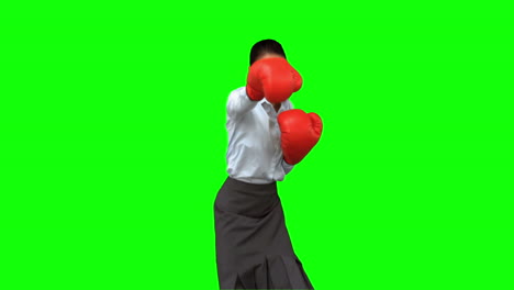 Geschäftsfrau-Mit-Boxhandschuhen-Schlägt-Auf-Greenscreen