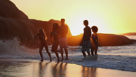 Silhouetten-Von-Freunden,-Die-Spaß-Am-Strand-Haben