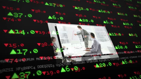 Screens-showing-business-situations-on-stock-market-background
