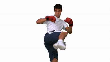 Boxer-performing-a-high-kick-on-white-screen-