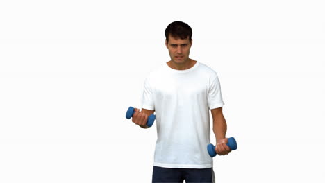 Handsome-man-lifting-dumbbells-on-white-screen