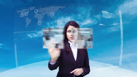 Animation-with-businesswoman-selecting-various-screens