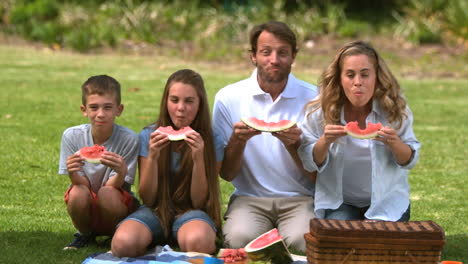 Glückliche-Familie-Isst-Eine-Wassermelone-Beim-Picknick