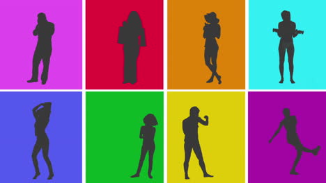 Animation-of-silhouettes-of-various-people-in-colourful-grid