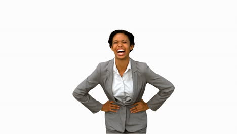 Attractive-businesswoman-laughing-on-white-screen-in-slow-motion