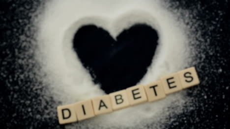 Concéntrese-En-El-Corazón-Con-Forma-De-Azúcar-Con-Mensaje-De-Diabetes-Y-Jeringa-Cayendo