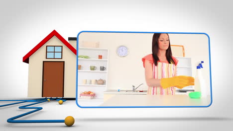 Animation-with-3d-house-and-video-of-woman-cleaning