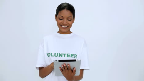 Volunteer-woman-using-tablet-pc