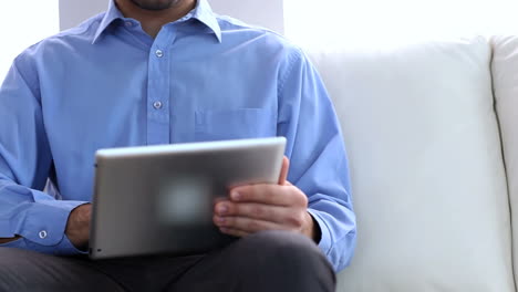 Portrait-of-a-businessman-using-a-laptop-on-a-couch