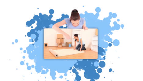 Montage-of-paint-spatter-and-woman-revealing-people-in-apartment