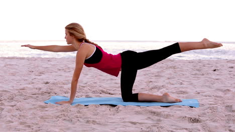 Mujer-Rubia-Haciendo-Estiramientos-De-Pilates