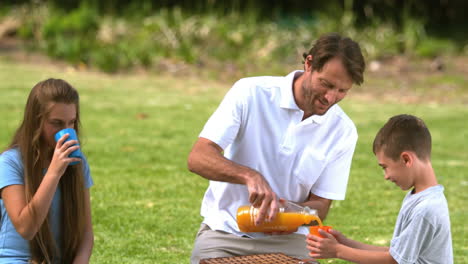 Father-pouring-orange-juice-into-a-plastic-glass