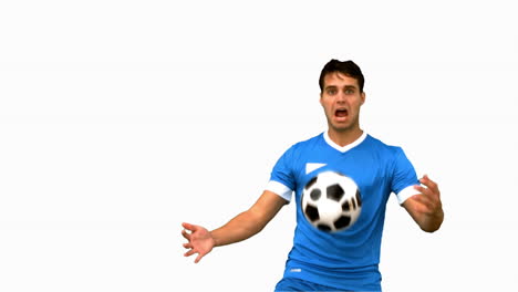 Man-controlling-a-football-with-his-chest-on-white-screen