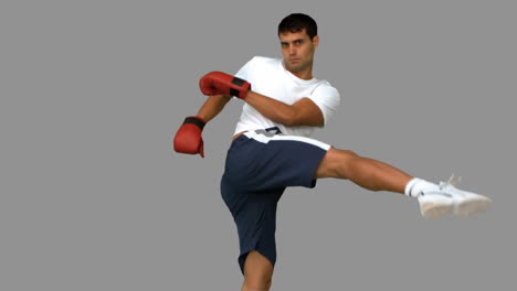 Handsome-boxer-performing-an-air-kick-on-grey-screen