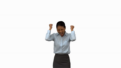 Happy-businesswoman-gesturing-on-white-screen