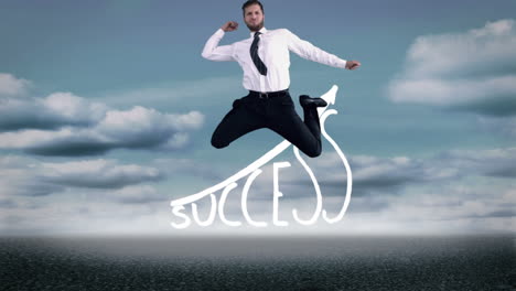 Handsome-happy-businesswoman-jumping-in-front-of-success-graphic
