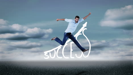 Cheerful-casual-man-jumping-in-front-of-success-graphic