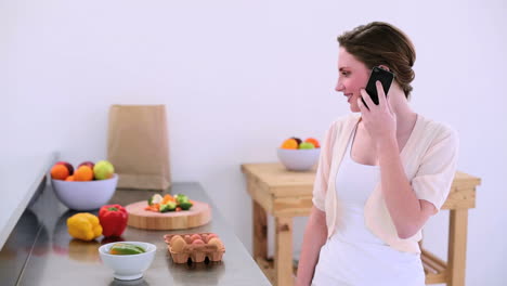 Pretty-model-standing-in-kitchen-chatting-on-the-phone