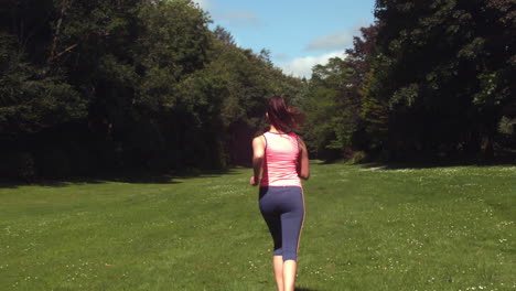 Sporty-brunette-jogging-on-a-lawn