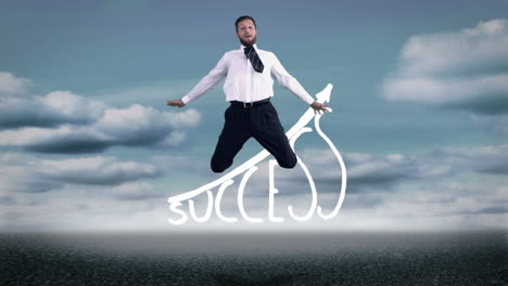 Attractive-businessman-jumping-in-front-of-success-graphic