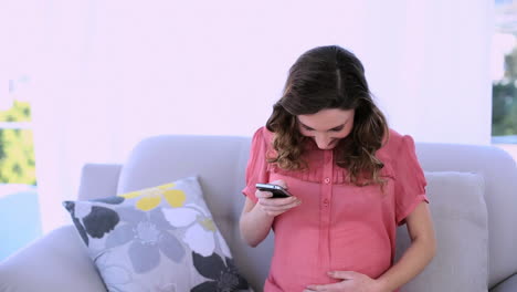 Pretty-pregnant-model-sitting-on-her-couch-sending-a-text