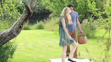 Pareja-Feliz-Yendo-De-Picnic-Juntos