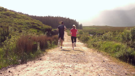 Fit-couple-jogging-in-the-countryside-away-from-camera