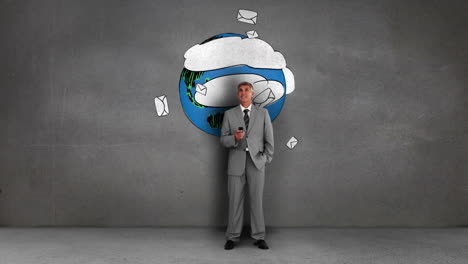 Businessman-standing-in-front-of-animated-envelopes-circling-earth