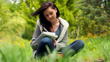 Smiling-young-woman-sitting-on-grass-writing-on-notepad