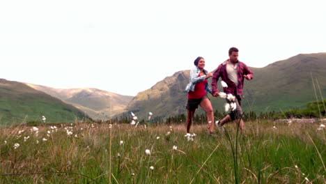 Energetic-couple-running-hand-in-hand-though-the-countryside