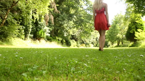 Beautiful-teen-walking-away-on-the-grass-on-a-sunny-day