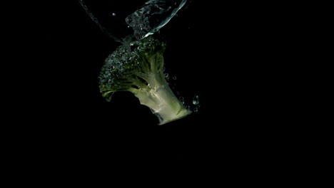 Brocolli-falling-in-water-on-black-background