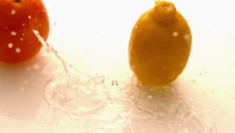 Orange-and-lemon-falling-and-bouncing-on-white-wet-surface