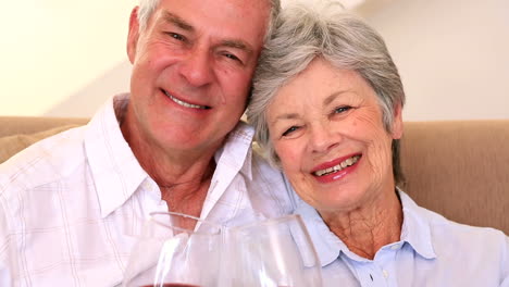 Senior-couple-sitting-on-couch-having-red-wine