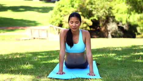 Chica-Asiática-En-Forma-Haciendo-Yoga-En-El-Parque