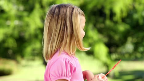 Kleines-Mädchen-Spielt-Mit-Seifenblasen-Im-Park