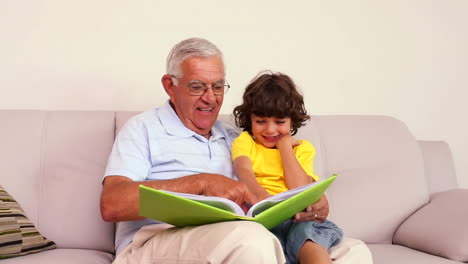 Senior-man-sitting-on-couch-with-his-grandson-looking-at-photo-album