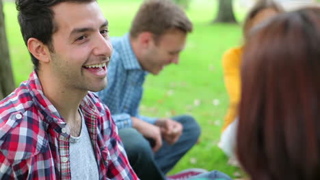 Estudiantes-Sonrientes-Charlando-Juntos-En-La-Hierba