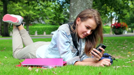 Happy-student-lying-on-the-grass-sending-a-text