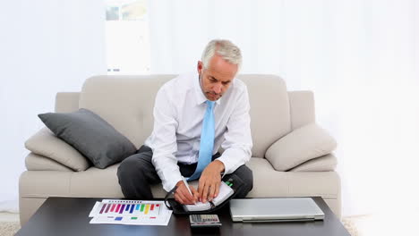 Businessman-writing-in-his-diary-and-smiling-at-camera