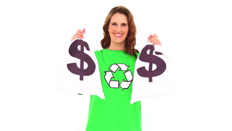 Smiling-environmental-activist-showing-money-bags