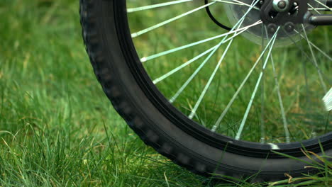 Spokes-of-wheel-of-bike-turning-on-the-grass
